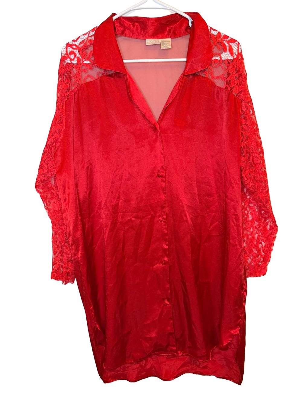 Cacique Vintage Red Satin Lace Sleeve Sleep Shirt Mini Dress Coquette Y2K Medium - Picture 2 of 6